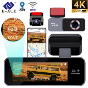 Dash Cam E-ACE Dual Lens 4K UHD Recording Car Camera DVR Night Vision Video Recorder Built-In Wi-Fi Support GPS 24H Parking CAR